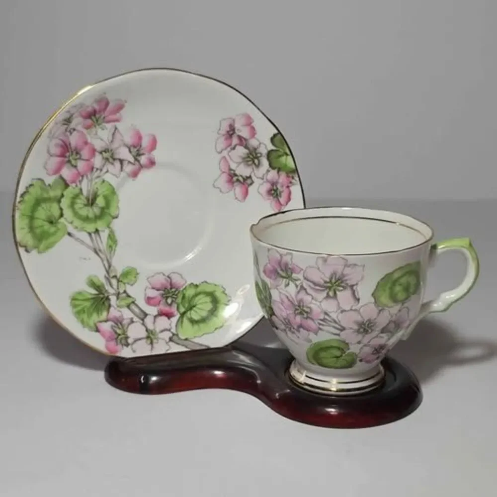 Salisbury Teacup and Saucer Pink Geraniums Vintage